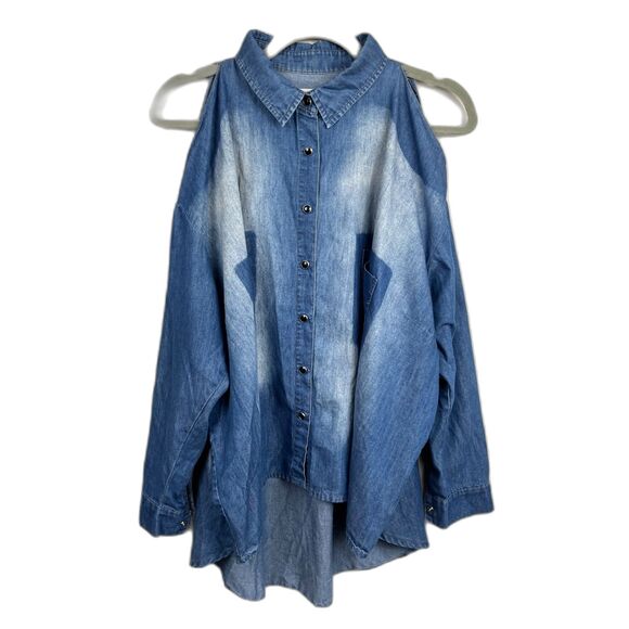 UNIF Blue Cold Shoulder Pearl Snap Button Up Denim Shirt Top   Women's Size XS - Picture 2 of 10